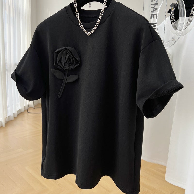 Outlets ~ genuine special heavy industry three-dimensional flower cotton heavy round neck short sleeve T-shirt womens summer new coat Black [heavy cotton]]