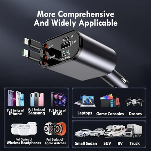 Hold UP 4-in-1 Car Mobile Charger 120W Super Fast Charge with 31.5-Inch Retractable Cables and Dual USB Ports car Charger Compatible with All iPhone iPad, Pixel, Tablets, All Android Phones - Image 4