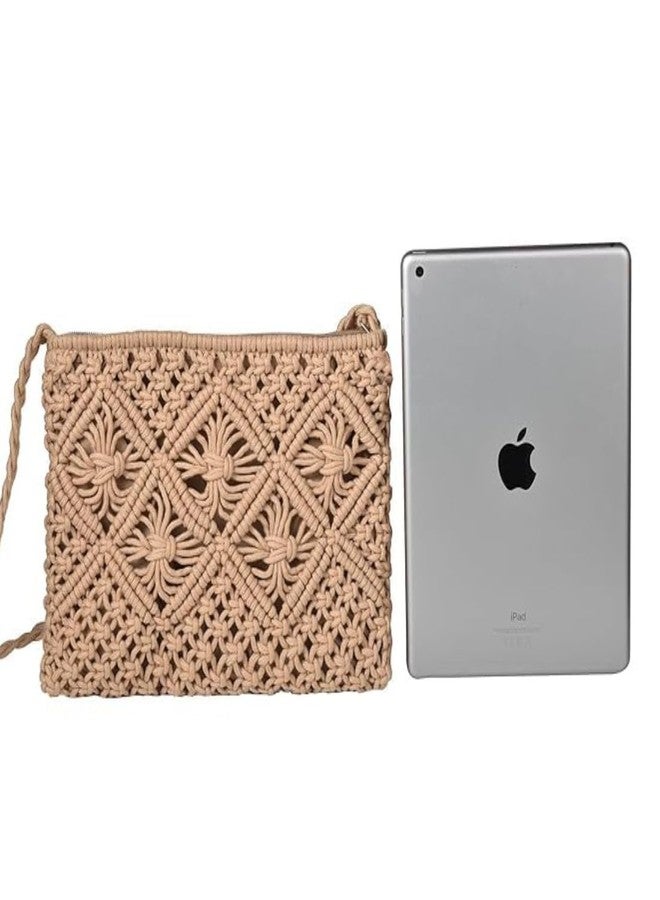 tms Handmade Macrame Sling Bag Crossbody (10x8 inch) - Beige, Zipper Closure, Boho Chic, Stylish, Durable, Adjustable Strap, 1 PC - Image 4