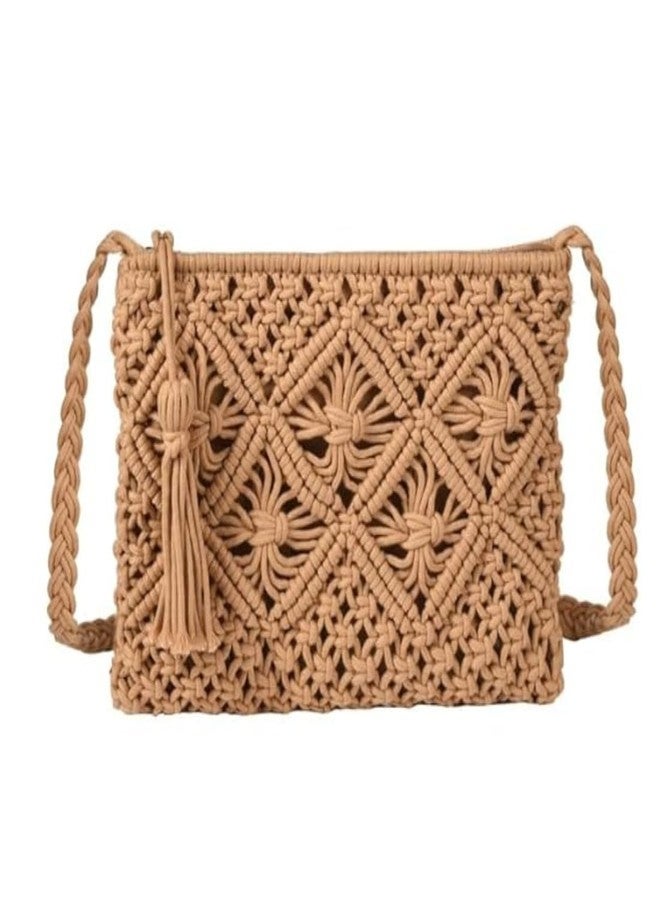tms Handmade Macrame Sling Bag Crossbody (10x8 inch) - Beige, Zipper Closure, Boho Chic, Stylish, Durable, Adjustable Strap, 1 PC - Image 1