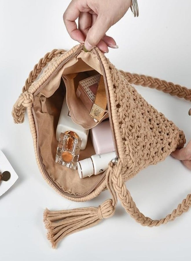 tms Handmade Macrame Sling Bag Crossbody (10x8 inch) - Beige, Zipper Closure, Boho Chic, Stylish, Durable, Adjustable Strap, 1 PC - Image 2