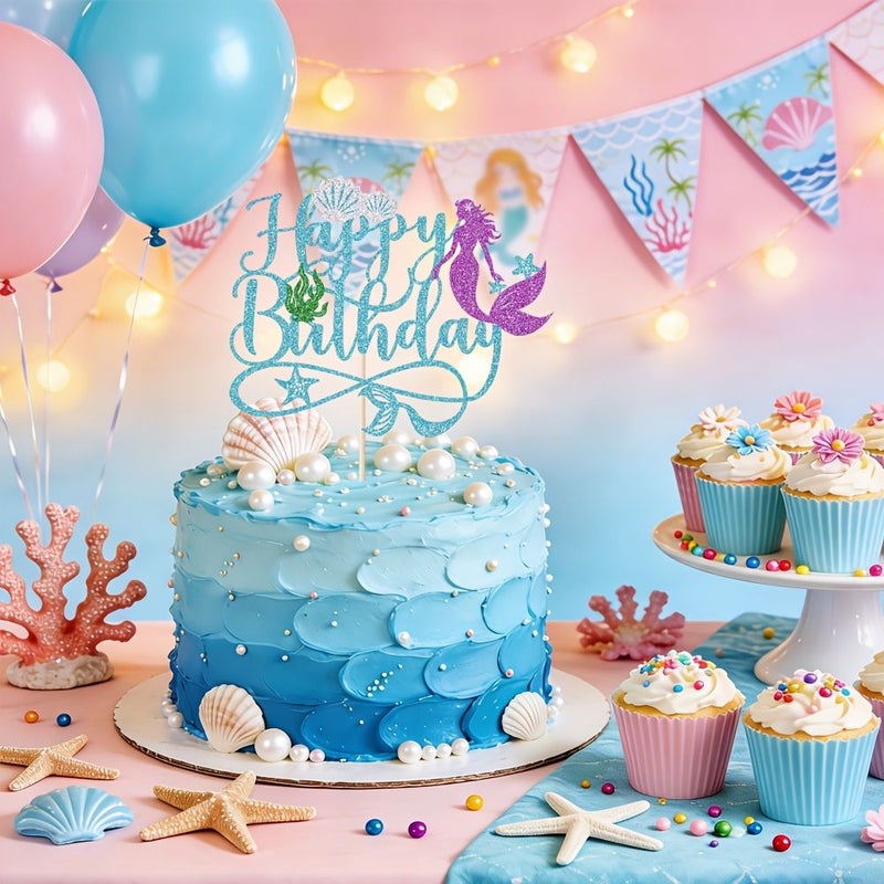 غطاء كعكة عيد ميلاد حورية البحر متعدد الألوان واللامع مع أصداف بحرية ونجم البحر - Image 3