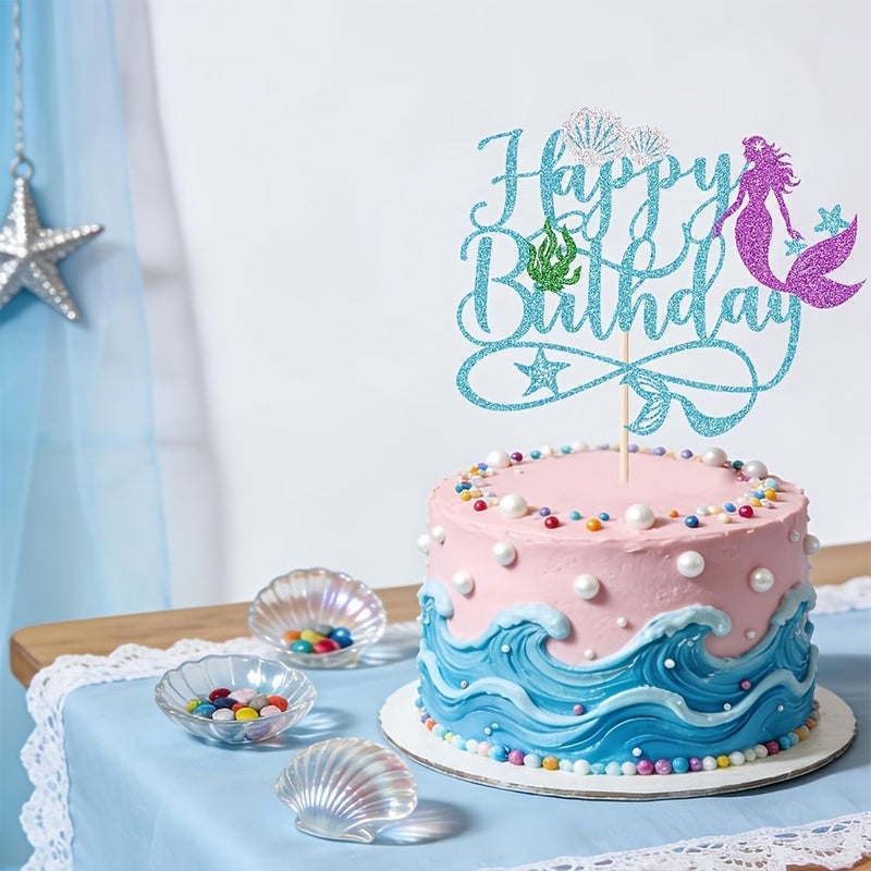 غطاء كعكة عيد ميلاد حورية البحر متعدد الألوان واللامع مع أصداف بحرية ونجم البحر - Image 5