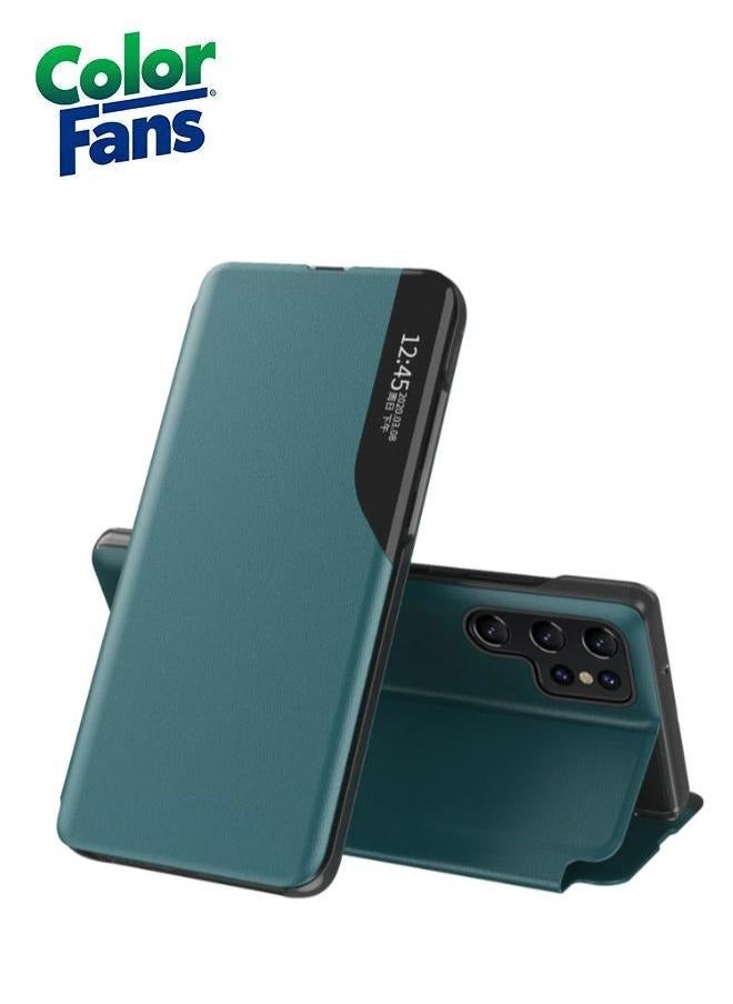 Color Fans PU Leather Phone Case for Samsung Galaxy S24 Ultra Protective Case Anti-Fall View Window Folio Flip Cover with Stand - Green  - Image 1