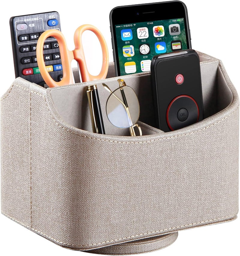 PUSU Leather 360°Rotatable Remote Control Holder,Nightstand TV Remote Caddy,Office Supplies Desktop Organizer,Spinning Storage Box for Pen,Mail,Phone,DVD, Blu-Ray, Media Player, Heater Controllers - Image 1