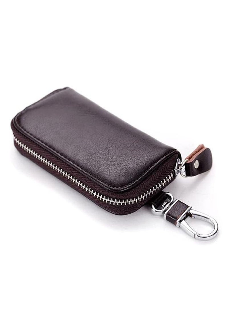 Unisex Mens Womens Premium Leather Car Key Holder Bag Keychain Case Wallet with 6 Hooks Zipper Closure, Coffee, Coffee, 4.3x2.9inch