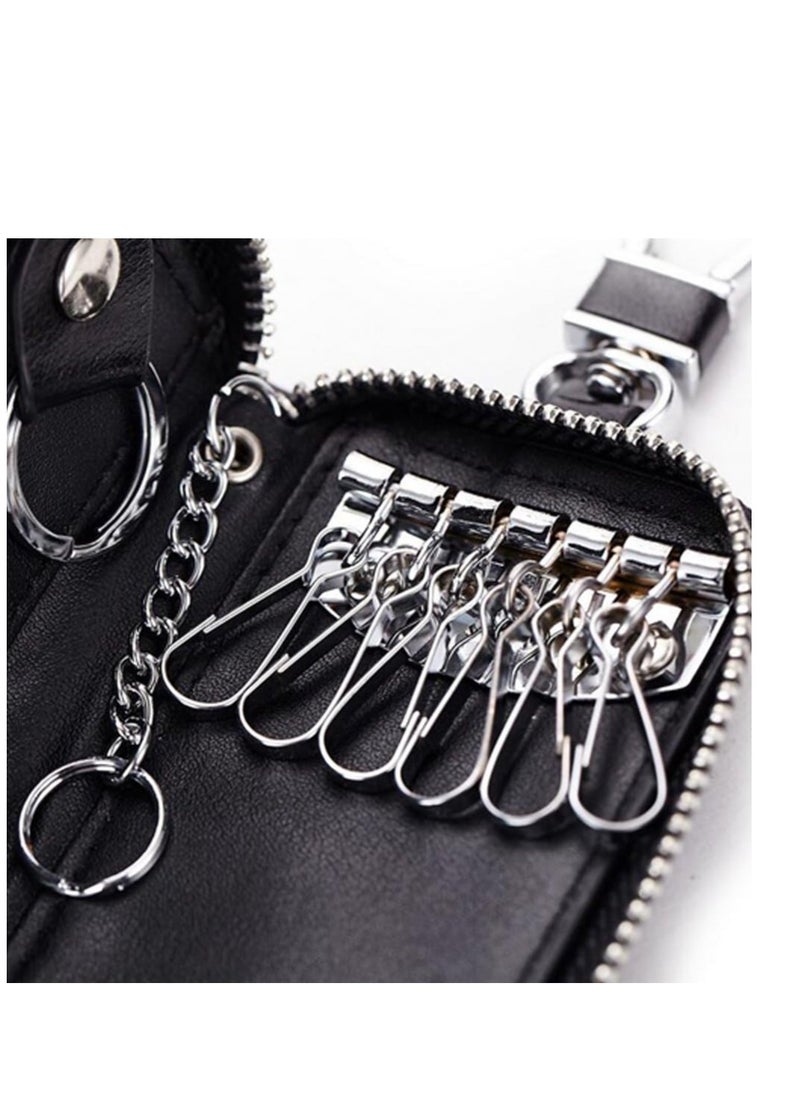 Unisex Mens Womens Premium Leather Car Key Holder Bag Keychain Case Wallet with 6 Hooks Zipper Closure, Coffee, Coffee, 4.3x2.9inch