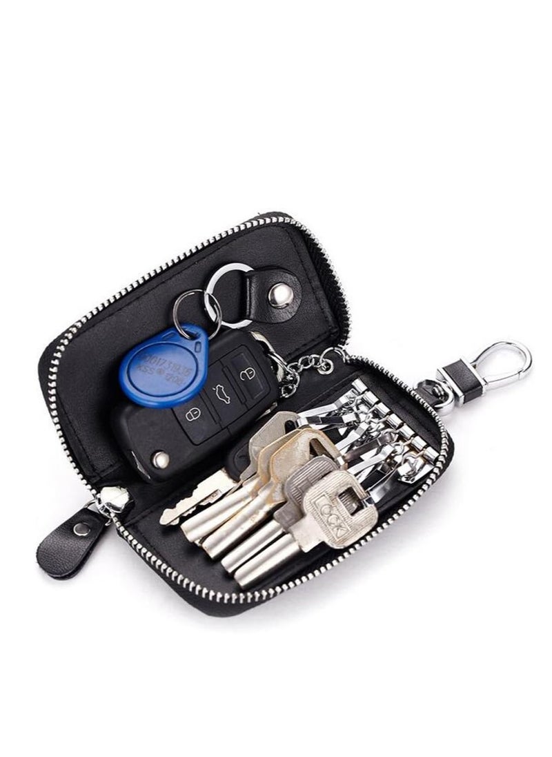 Unisex Mens Womens Premium Leather Car Key Holder Bag Keychain Case Wallet with 6 Hooks Zipper Closure, Coffee, Coffee, 4.3x2.9inch