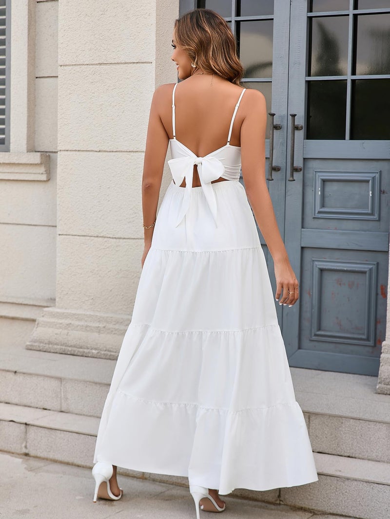 HTZMO Women Casual Summer Floral Maxi Sundress V Neck Spaghetti Strap Bow Tie Backless Flowy Boho Beach Long Dress 2026 White M - Image 4