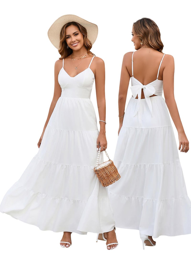 HTZMO Women Casual Summer Floral Maxi Sundress V Neck Spaghetti Strap Bow Tie Backless Flowy Boho Beach Long Dress 2026 White M - Image 1