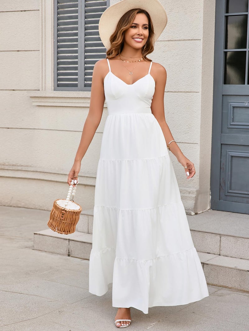 HTZMO Women Casual Summer Floral Maxi Sundress V Neck Spaghetti Strap Bow Tie Backless Flowy Boho Beach Long Dress 2026 White M - Image 5