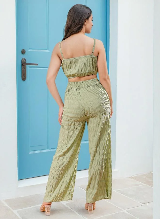 Freehand  Green Textured Crop Top and Wide Leg Pants Co-ords for Women | Best Price UAE