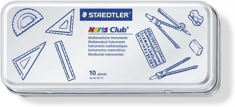 Nan STAEDTLER Noris Club 557 10 Maths Set with Storage Tin - 10 Pieces Including Compass, Ruler, Protractor, and Set Squares - Image 4