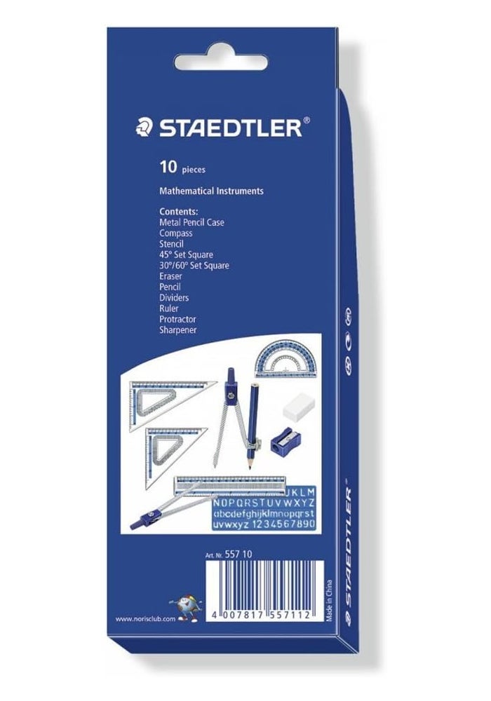Nan STAEDTLER Noris Club 557 10 Maths Set with Storage Tin - 10 Pieces Including Compass, Ruler, Protractor, and Set Squares - Image 5