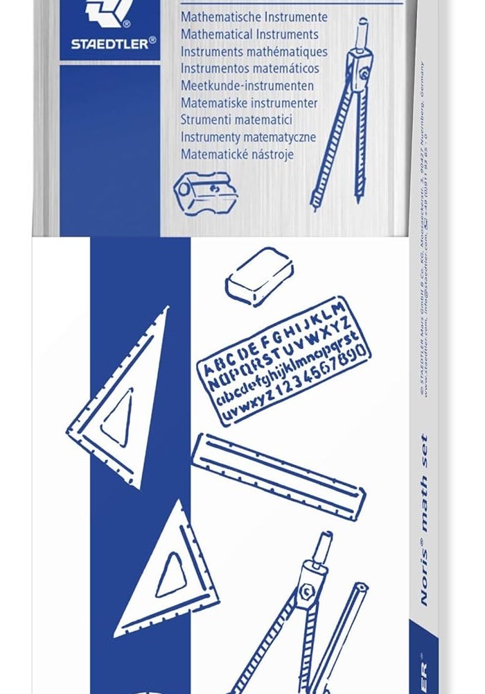 Nan STAEDTLER Noris Club 557 10 Maths Set with Storage Tin - 10 Pieces Including Compass, Ruler, Protractor, and Set Squares - Image 1