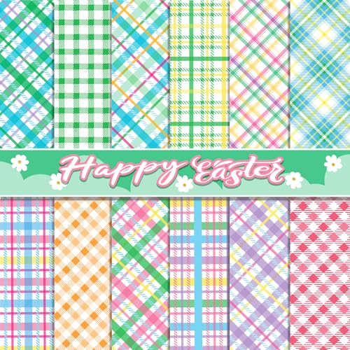 Welpurch 24 Sheets Easter Pastel Plaid Scrapbook Paper, 12 Designs Candy Color Buffalo Plaid Craft Paper Double-Sided Papermania Folded Flat for Easter DIY Card Making Scrapbook Photo Album Decor, 12x12in - Image 1