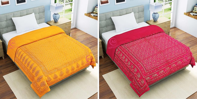 WORLDNEX 400 TC Pure Cotton Jaipuri Design Printed Light Weight Traditional Rajasthani Print Single Bed QuiltRazaiRajai Design 17 Single Bed Set of 2 Combo Set - Image 4