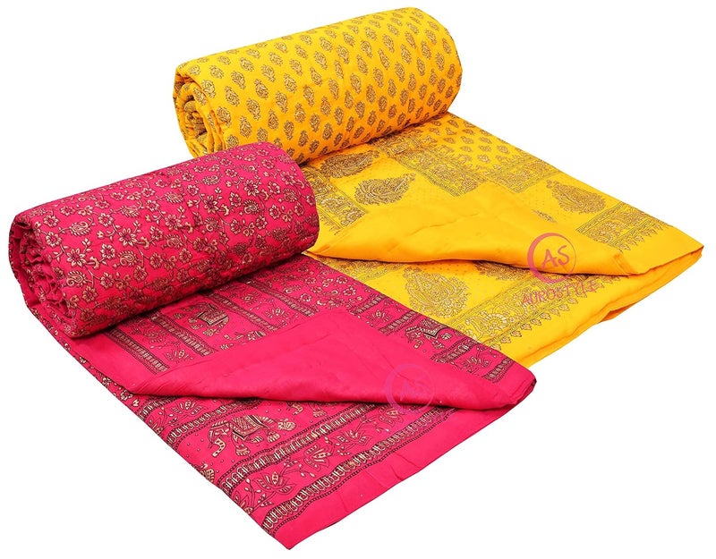 WORLDNEX 400 TC Pure Cotton Jaipuri Design Printed Light Weight Traditional Rajasthani Print Single Bed QuiltRazaiRajai Design 17 Single Bed Set of 2 Combo Set - Image 3
