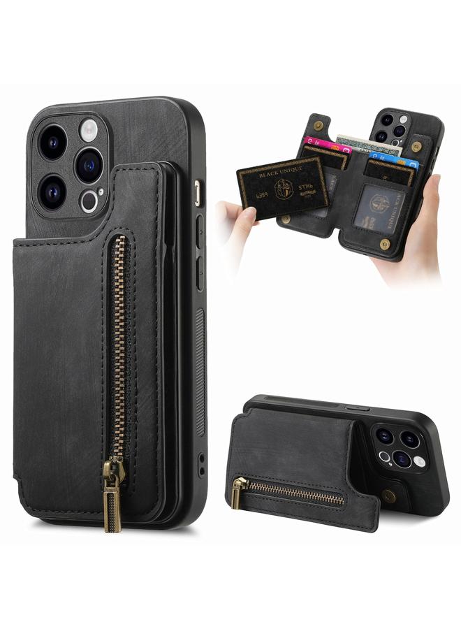 زبون جراب خلفي بسحاب من الجلد بتصميم كلاسيكي لهاتف iPhone 12 Pro - Image 1