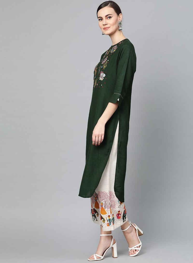 ISHIN Women'S Green 100% Cotton Embellished Regular Fit Kurta Set - Image 5