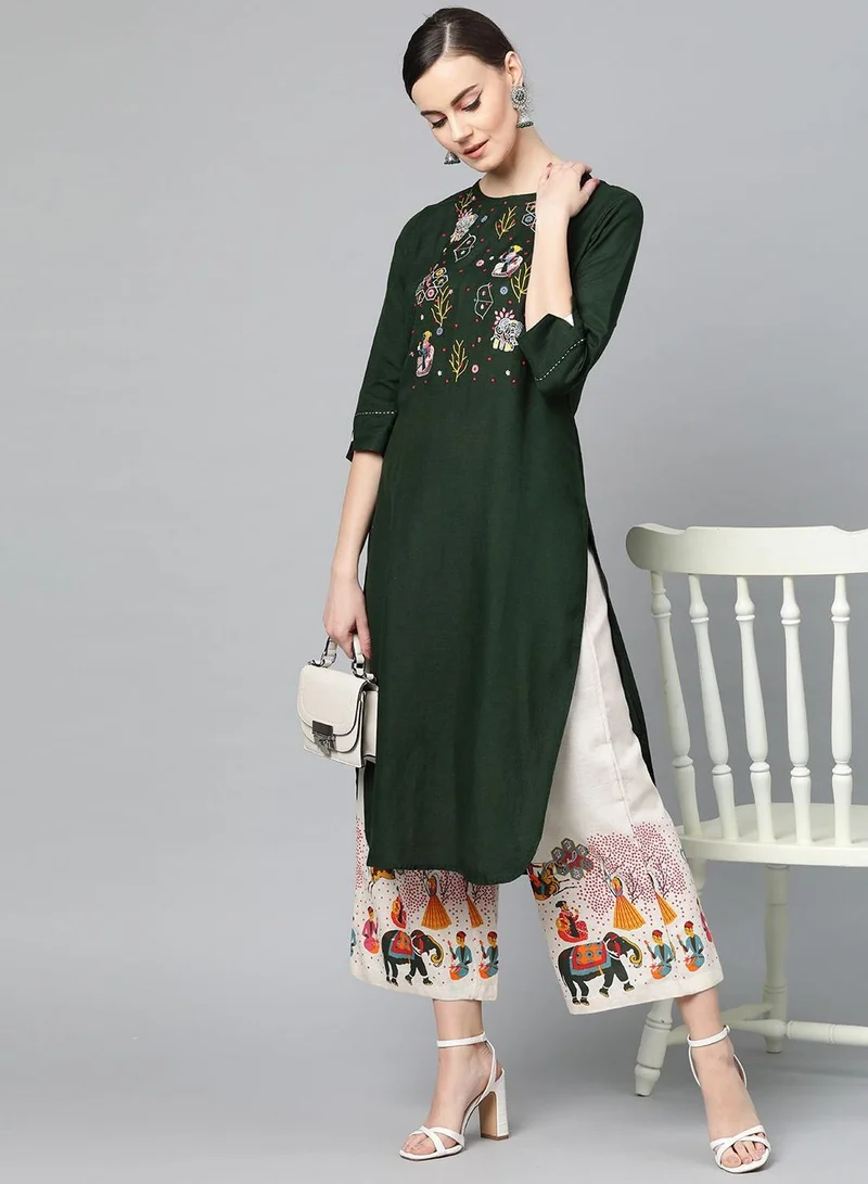 Women'S Green 100% Cotton Embellished Regular Fit Kurta Set
