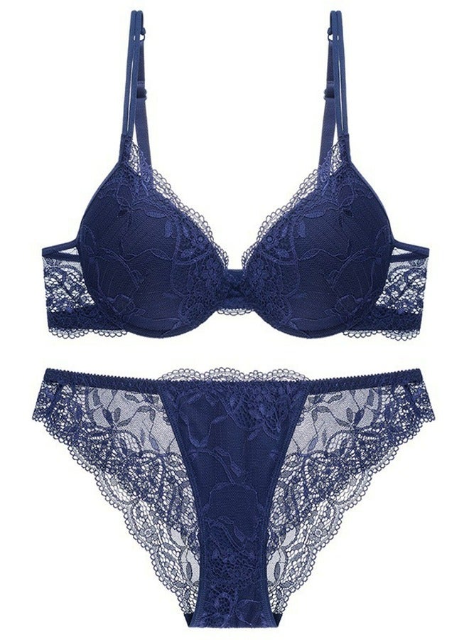 Solid Color Thick Cup Lace Bra And Panty Set Dark Blue