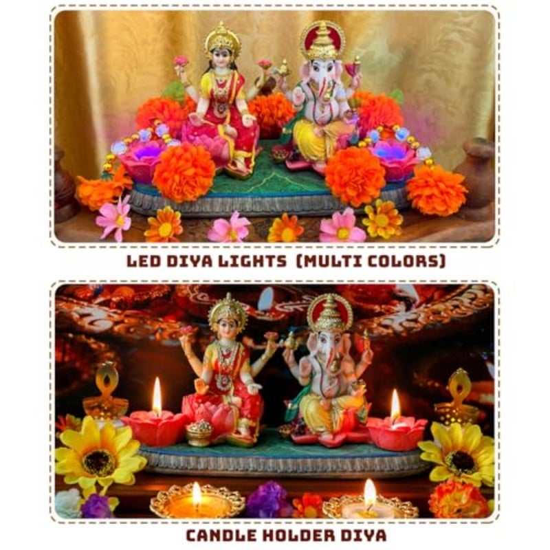 Indian God Ganesha Lakshmi Statue - 5.3"H Indian Idol Laxmi Ganesh with LED Diyas for Diwali Gifts Decor Home Office Mandir Temple Altar Puja Item Hindu Murti Pooja Sculpture - Image 2