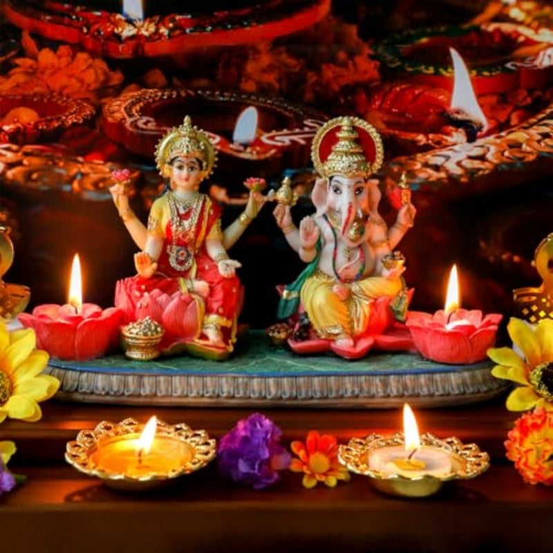 Indian God Ganesha Lakshmi Statue - 5.3"H Indian Idol Laxmi Ganesh with LED Diyas for Diwali Gifts Decor Home Office Mandir Temple Altar Puja Item Hindu Murti Pooja Sculpture - Image 1