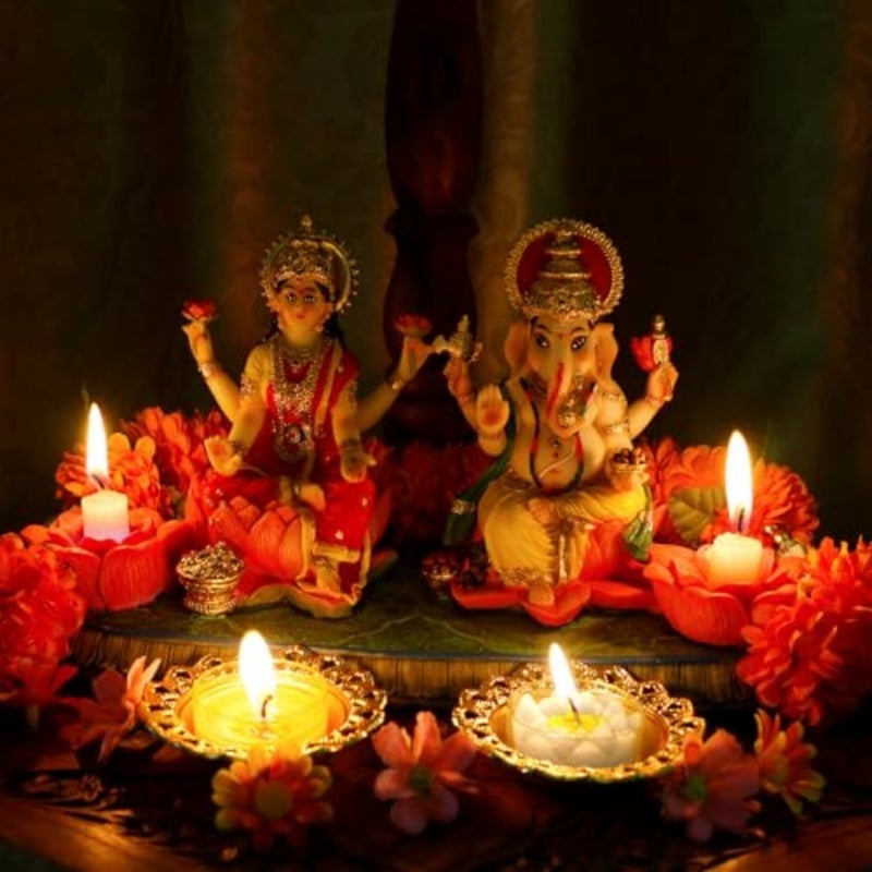 Indian God Ganesha Lakshmi Statue - 5.3"H Indian Idol Laxmi Ganesh with LED Diyas for Diwali Gifts Decor Home Office Mandir Temple Altar Puja Item Hindu Murti Pooja Sculpture - Image 3