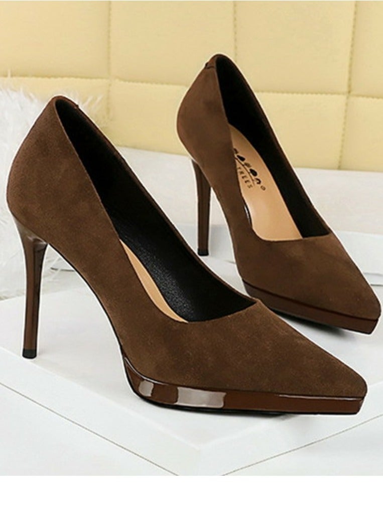 بيج تري المرأة مغلقة أشارت إصبع القدم الكعب العالي مضخات الحزب بني داكن 10.5CM - Image 2