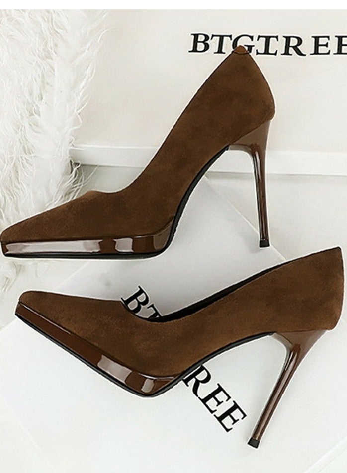 بيج تري المرأة مغلقة أشارت إصبع القدم الكعب العالي مضخات الحزب بني داكن 10.5CM - Image 3