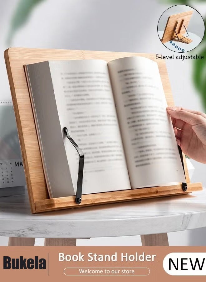 كيلا حامل كتب خشبي، حامل كتب كبير للقراءة مع 5 مستويات ارتفاع قابلة للتعديل ومشابك للصفحات، حامل كتب خشبي قابل للطي للكتب الدراسية وكتب الموسيقى والأجهزة اللوحية - Image 1