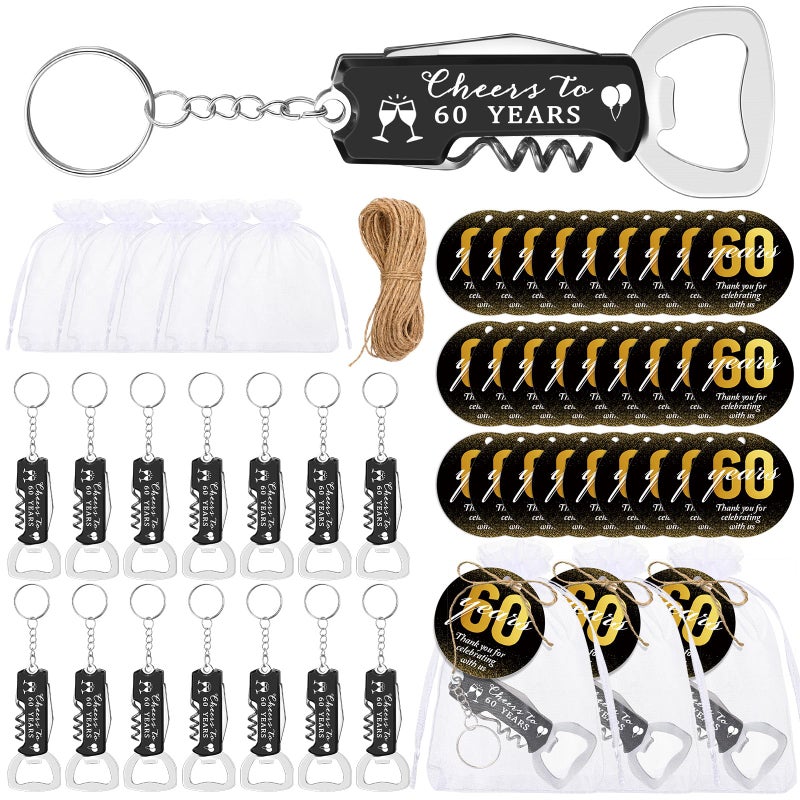 Jingmore 30 Set 60th Birthday Party Favors for Guests Bottle Opener Keychains Bulk Thank You Cards with Organza Gift Bags for Birthday Anniversary Souvenirs Cheers to 60 Years