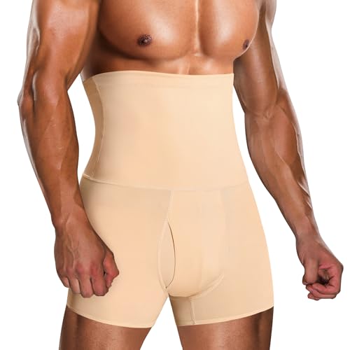 TAILONG Men Tummy Control Shorts High Waist Slimming Underwear Body Shaper Seamless Belly Girdle Boxer Briefs (Beige, S) - Image 1