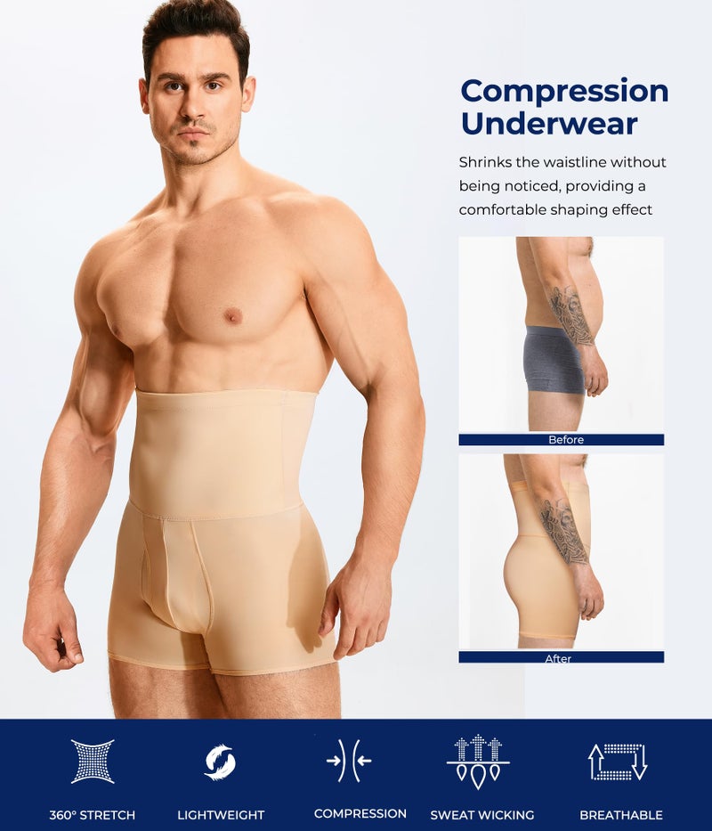 TAILONG Men Tummy Control Shorts High Waist Slimming Underwear Body Shaper Seamless Belly Girdle Boxer Briefs (Beige, S) - Image 4
