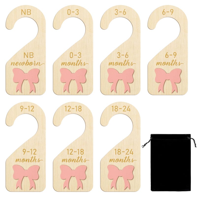 R HORSE Wooden Baby Closet Dividers  8Pcs 3D Coquette Pink Bow Baby Closet Organizer DoubleSided Newborn Clothes Size Hanger Dividers Nursery Birthday Gift for Boy Girl 024 Months - Image 1
