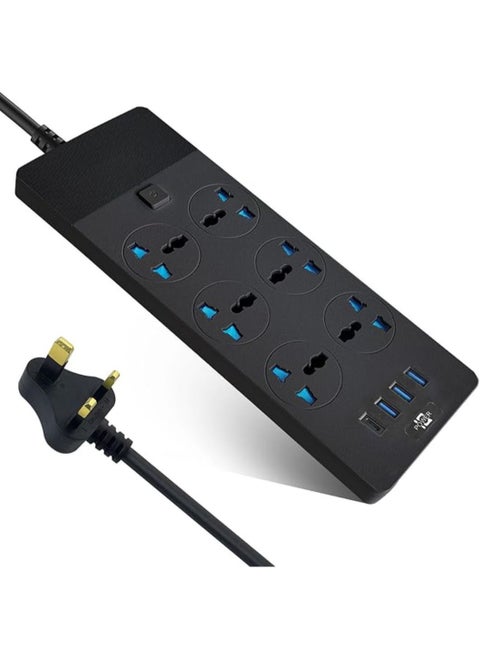 TB-T12 Power Strips Extension Cord 6 Sockets Universal Plug Adapter with 4 USB Ports Surge Protector Charging Socket with 2M Bold Extension Cord (Black)