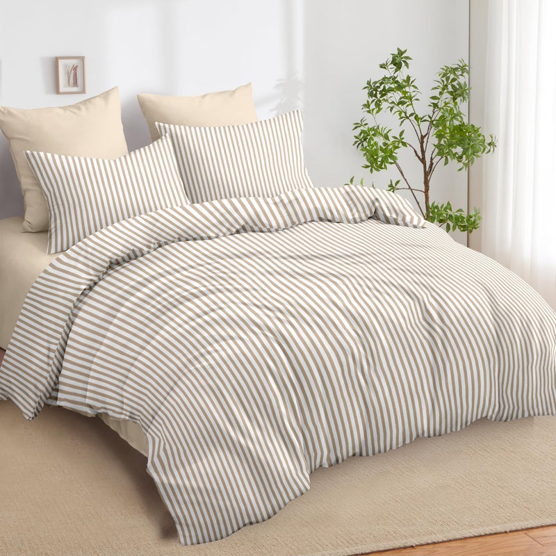 Nayoroom Tan Striped Duvet Cover Queen Size Light Brown Stripe Duvet Cover Dorm Bedding Set 3 Pieces Soft Lightweight Washed Microfiber Farmhouse Bedding Set Gifts for Women Men - Image 2