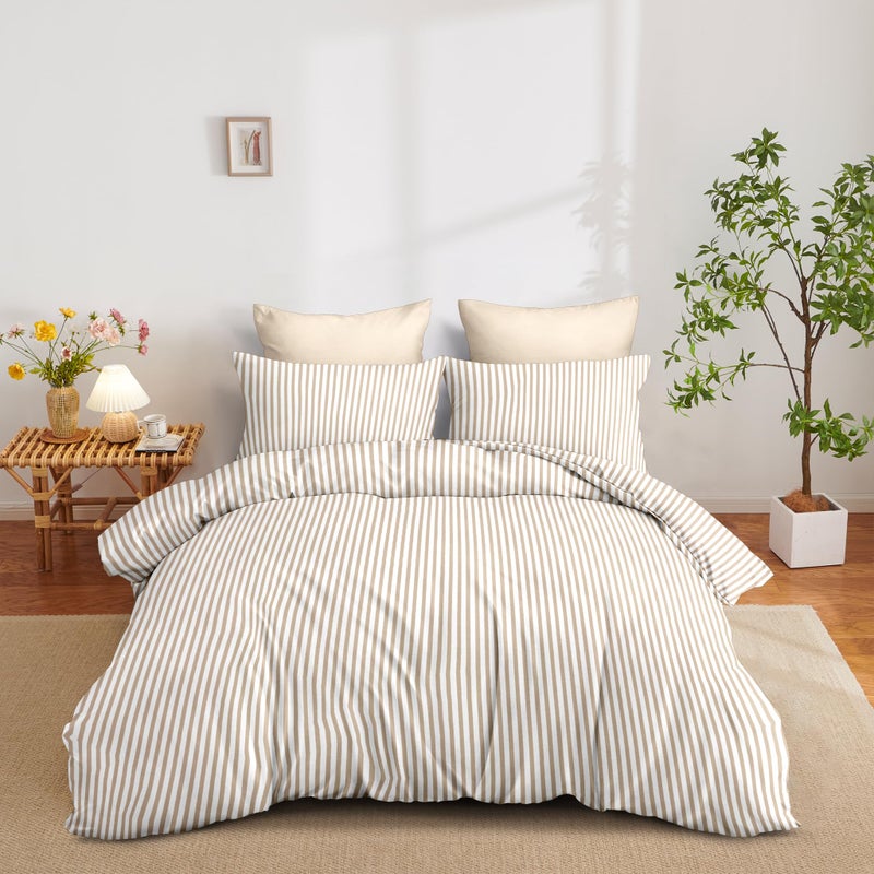 Nayoroom Tan Striped Duvet Cover Queen Size Light Brown Stripe Duvet Cover Dorm Bedding Set 3 Pieces Soft Lightweight Washed Microfiber Farmhouse Bedding Set Gifts for Women Men - Image 3