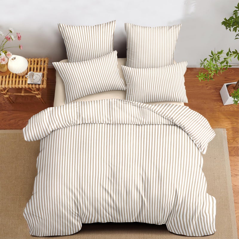 Nayoroom Tan Striped Duvet Cover Queen Size Light Brown Stripe Duvet Cover Dorm Bedding Set 3 Pieces Soft Lightweight Washed Microfiber Farmhouse Bedding Set Gifts for Women Men - Image 1