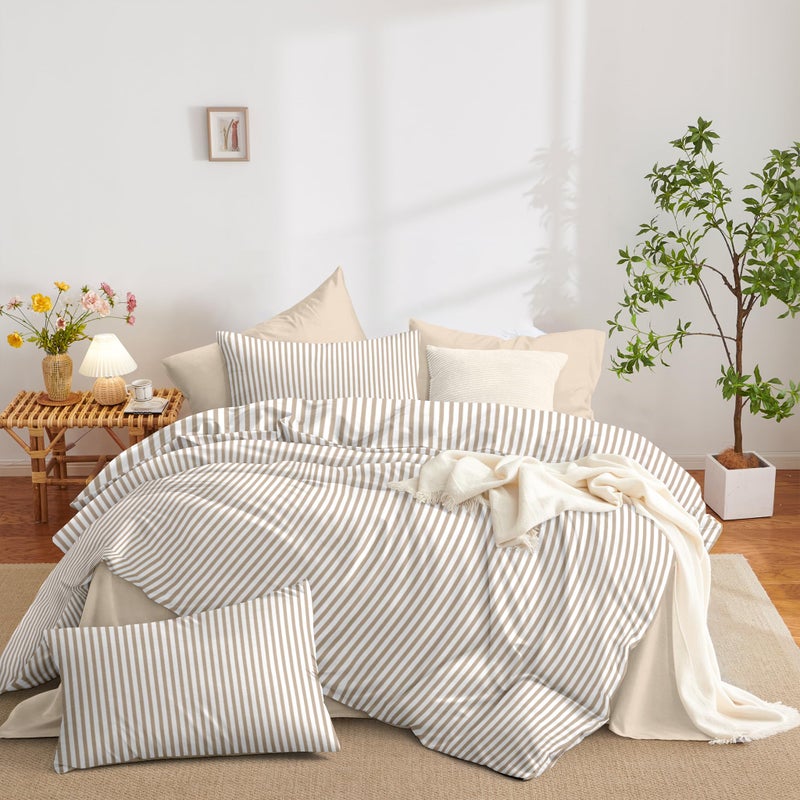 Nayoroom Tan Striped Duvet Cover Queen Size Light Brown Stripe Duvet Cover Dorm Bedding Set 3 Pieces Soft Lightweight Washed Microfiber Farmhouse Bedding Set Gifts for Women Men - Image 4