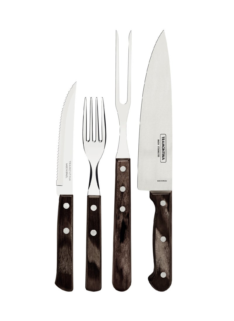 TRAMONTINA - Since 1911,Made in Brazil- Churrasco 14 Pieces Stainless Steel Barbecue Kit Set with Treated Brown Polywood Handles - Image 1