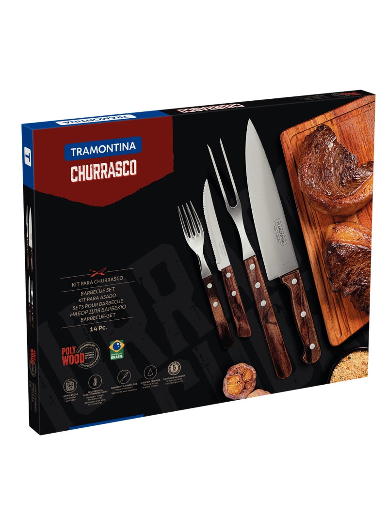 TRAMONTINA - Since 1911,Made in Brazil- Churrasco 14 Pieces Stainless Steel Barbecue Kit Set with Treated Brown Polywood Handles - Image 1