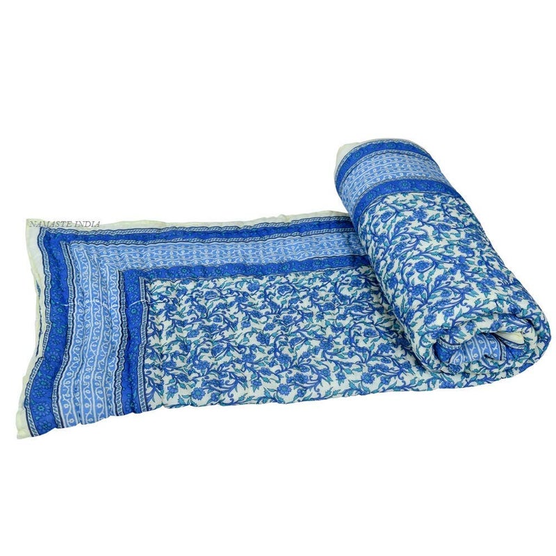 SVT Traditional Famous Jaipuri Beautiful Floral Print in Multi Blue in mughal Print Jaipuri RajaiRazaiQuilt SingleSingle Bed QuiltComforterAC QuiltAC Comforter - Image 3