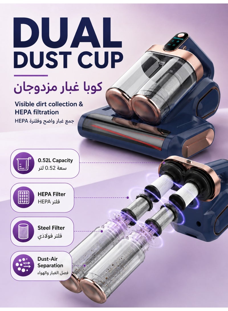 الحلم مكنسة فراش لاسلكية، قوة شفط 16000 باسكال، مكنسة سرير قوية مع ضوء UV-C وموجات فوق صوتية، اهتزاز عالي التردد، حاويتان للغبار، فلتر HEPA، جهاز محمول قابل لإعادة الشحن لإزالة عث الغبار من المراتب، الأرائك، السجاد، وشعر الحيوانات الأليفة. - Image 5