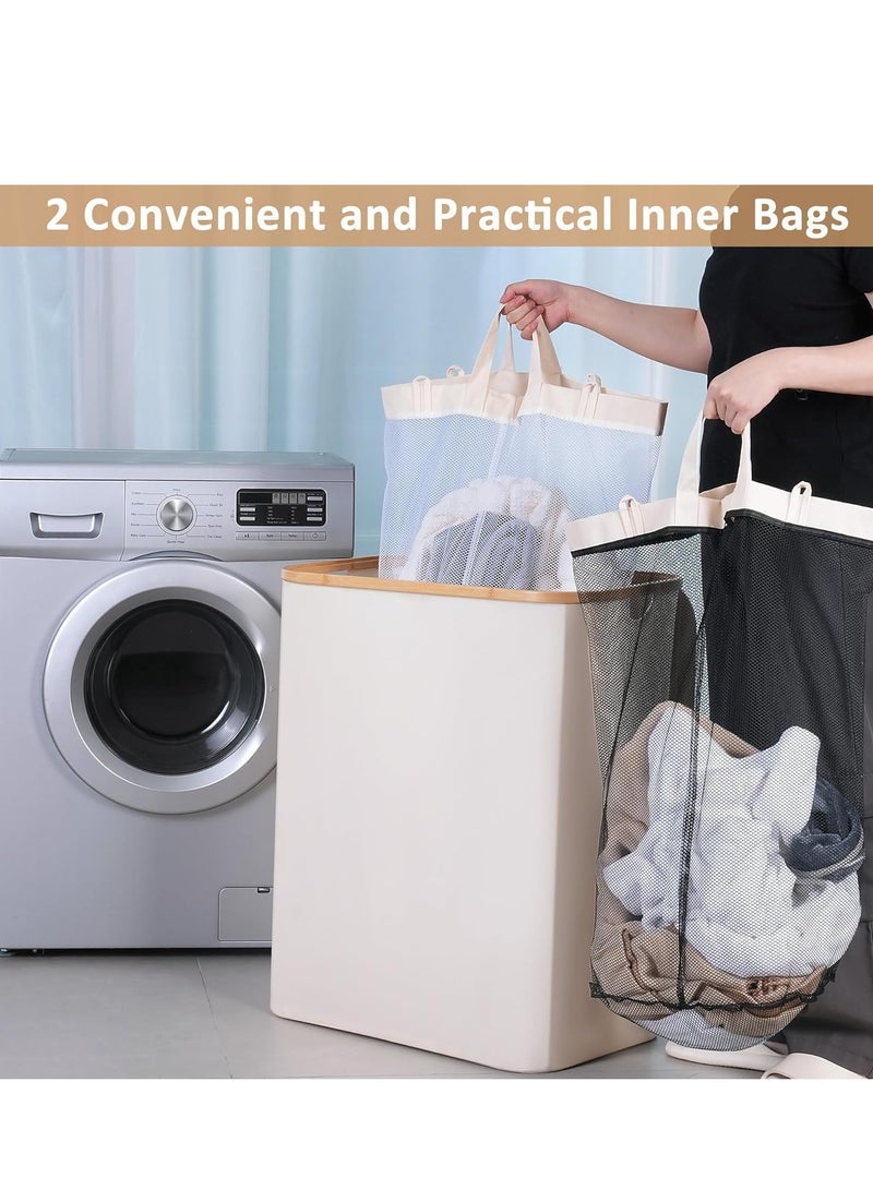 Raxoom 150L Laundry Hamper with Lid-Large Laundry Basket with Bamboo Handles, Grey Hampers for Laundry, Dirty Clothes Hamper with 2 Removable Inner Bags for Clothes Toys Towels (White) - Image 4