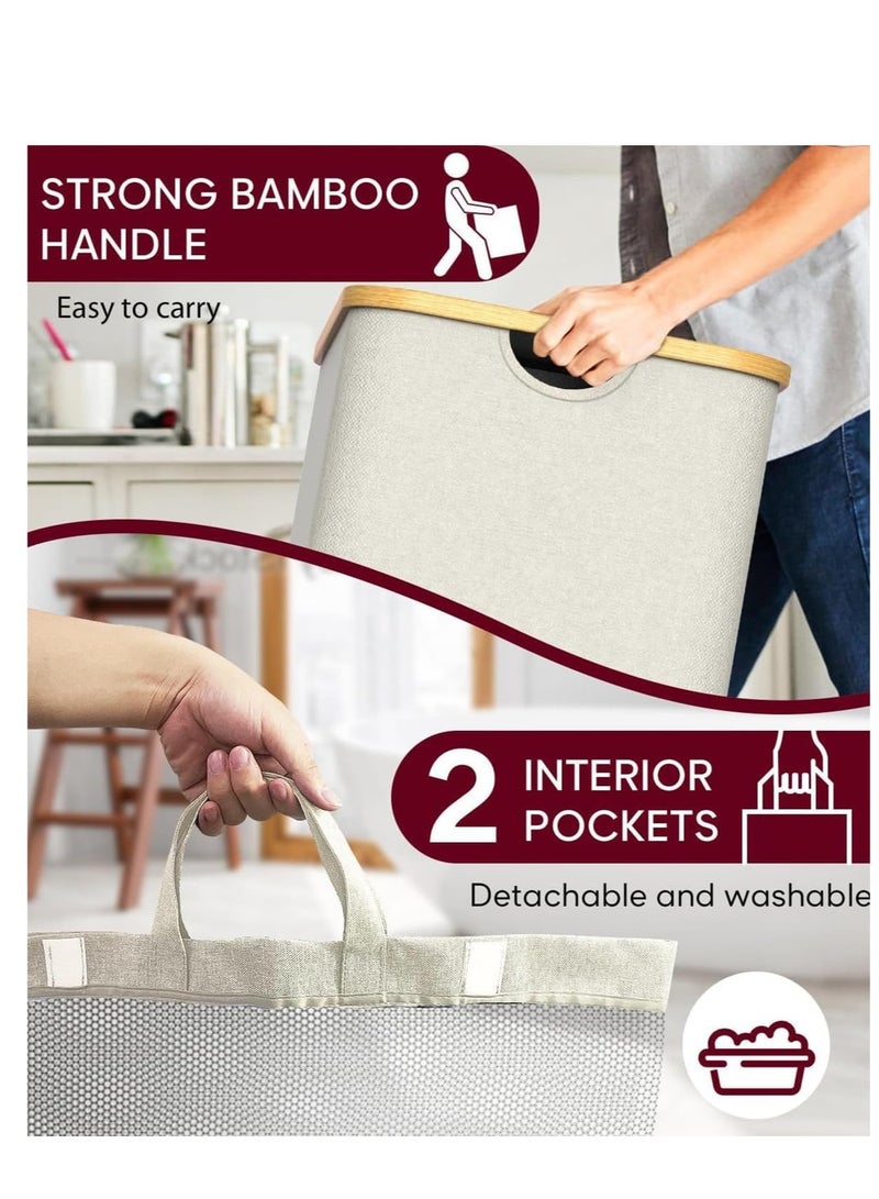 Raxoom 150L Laundry Hamper with Lid-Large Laundry Basket with Bamboo Handles, Grey Hampers for Laundry, Dirty Clothes Hamper with 2 Removable Inner Bags for Clothes Toys Towels (White) - Image 5