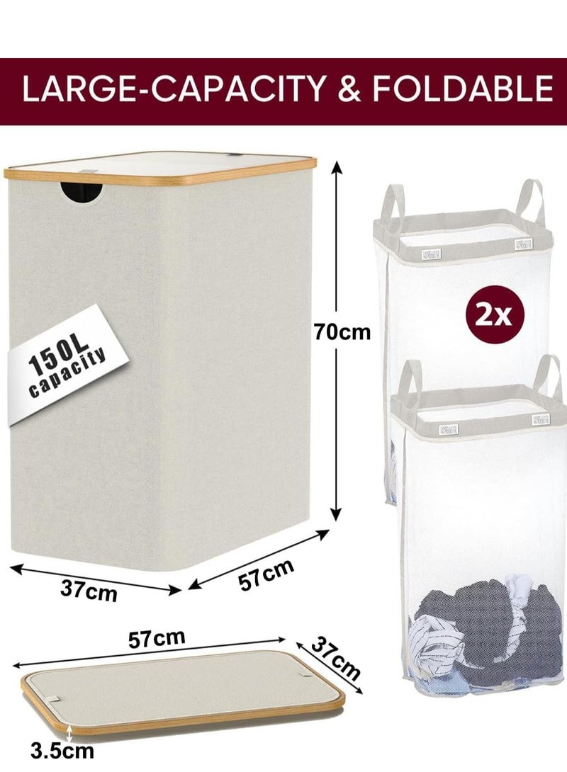 Raxoom 150L Laundry Hamper with Lid-Large Laundry Basket with Bamboo Handles, Grey Hampers for Laundry, Dirty Clothes Hamper with 2 Removable Inner Bags for Clothes Toys Towels (White) - Image 2