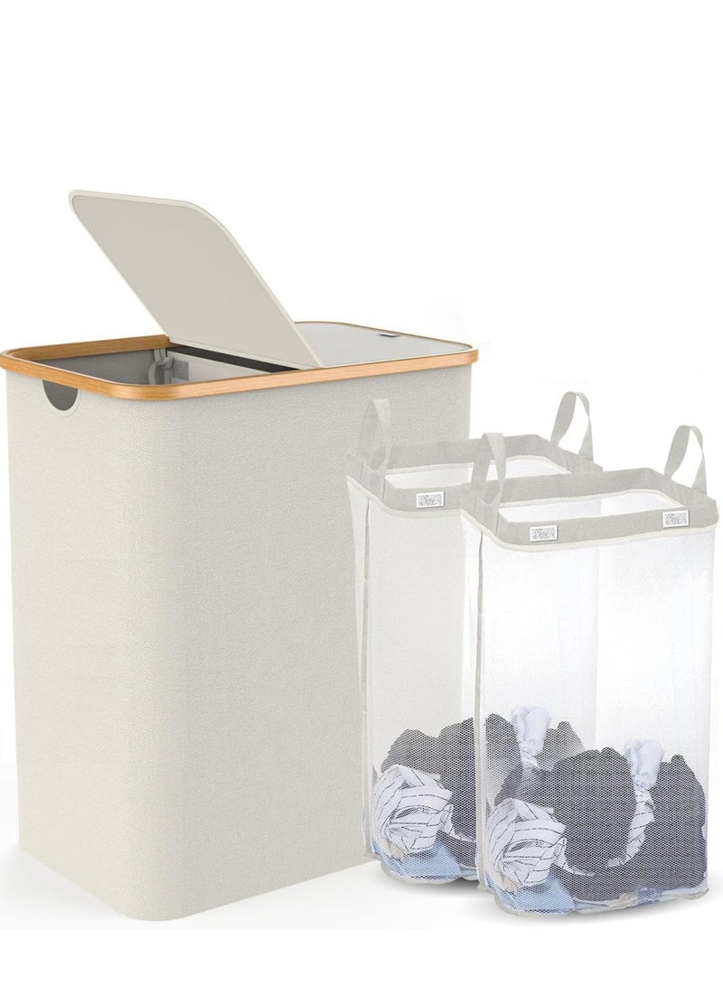 Raxoom 150L Laundry Hamper with Lid-Large Laundry Basket with Bamboo Handles, Grey Hampers for Laundry, Dirty Clothes Hamper with 2 Removable Inner Bags for Clothes Toys Towels (White) - Image 1