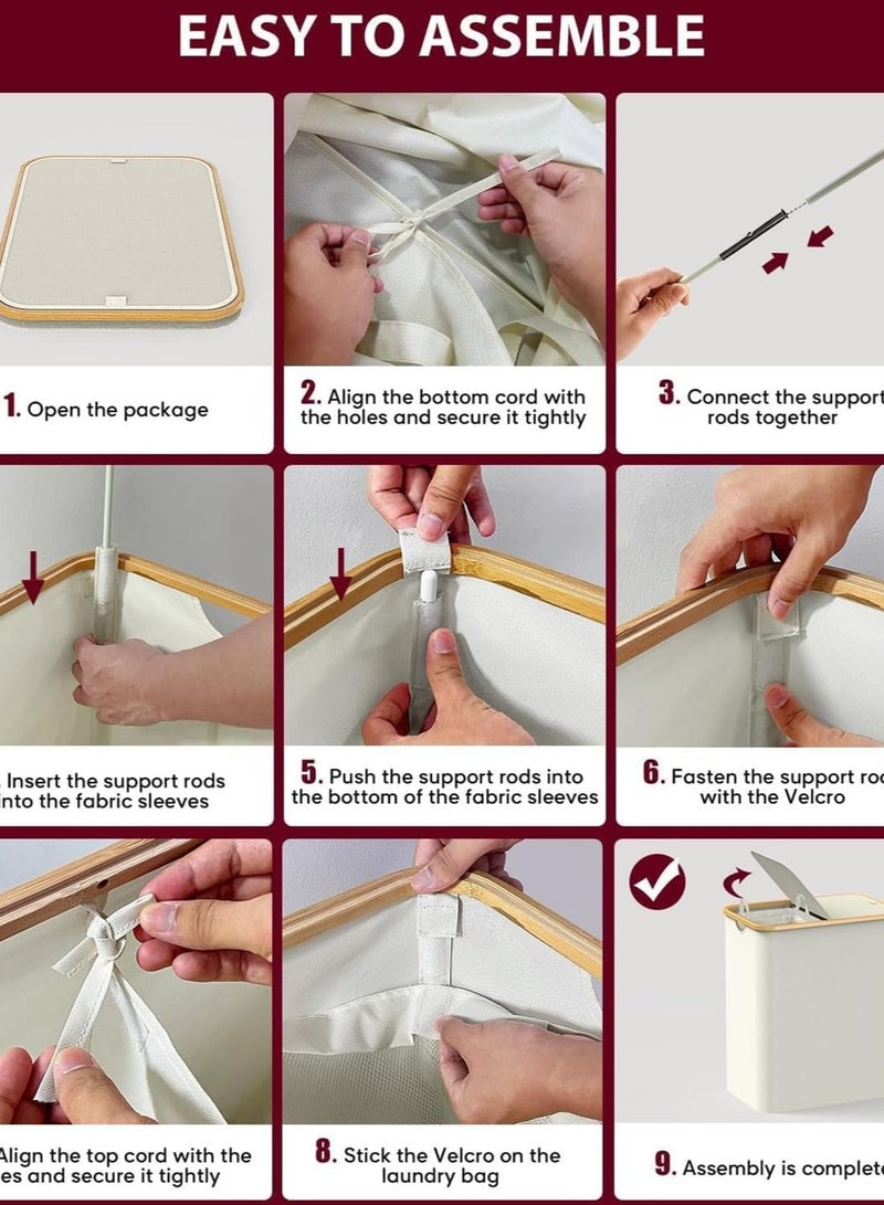 Raxoom 150L Laundry Hamper with Lid-Large Laundry Basket with Bamboo Handles, Grey Hampers for Laundry, Dirty Clothes Hamper with 2 Removable Inner Bags for Clothes Toys Towels (White) - Image 3